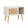 White Nightstand with Natural Rattan Door, Open Storage Compartment, Pink Knob and Wood Legs, 23.6 x 15.7 x 25.6 in