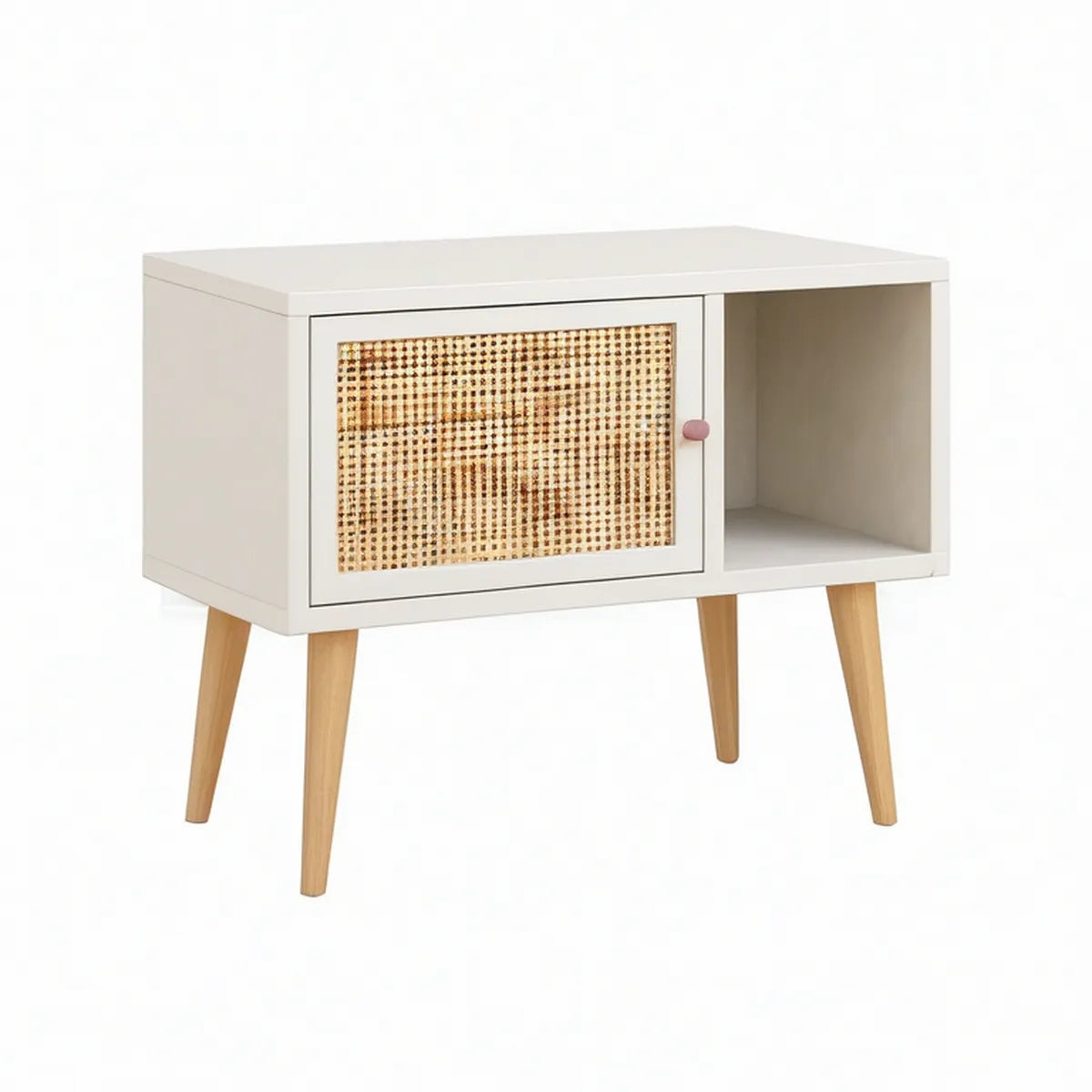 White Nightstand with Natural Rattan Door, Open Storage Compartment, Pink Knob and Wood Legs, 23.6 x 15.7 x 25.6 in