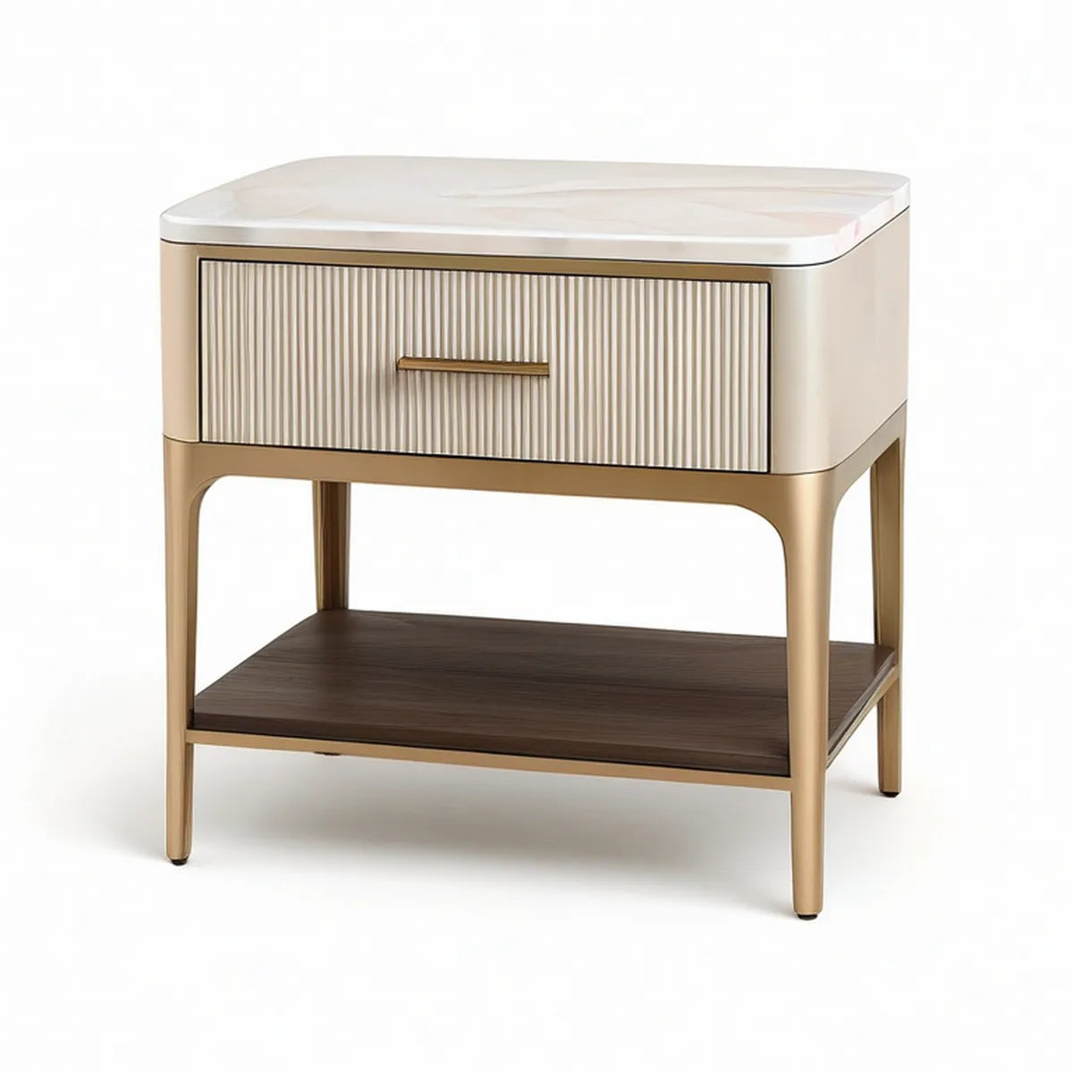 White, Gold and Dark Brown 1-Drawer Nightstand with Open Shelf, 20 x 16 x 24 in