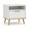 White and Natural Wood Nightstand with Drawer and Open Shelf, 19.7 x 15.7 x 23.6 in