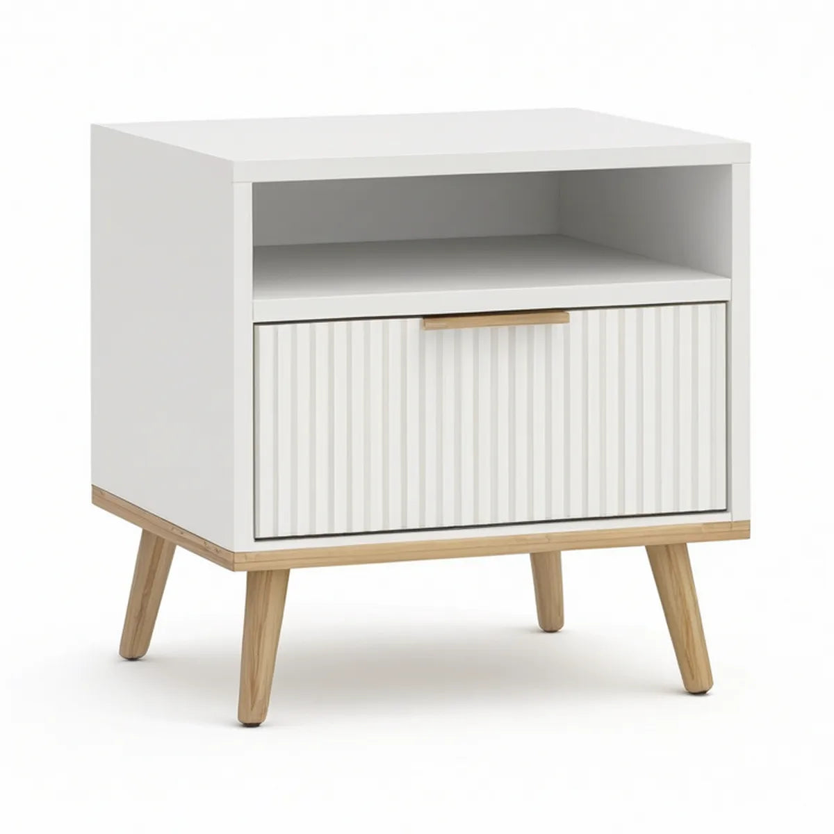 White and Natural Wood Nightstand with Drawer and Open Shelf, 19.7 x 15.7 x 23.6 in