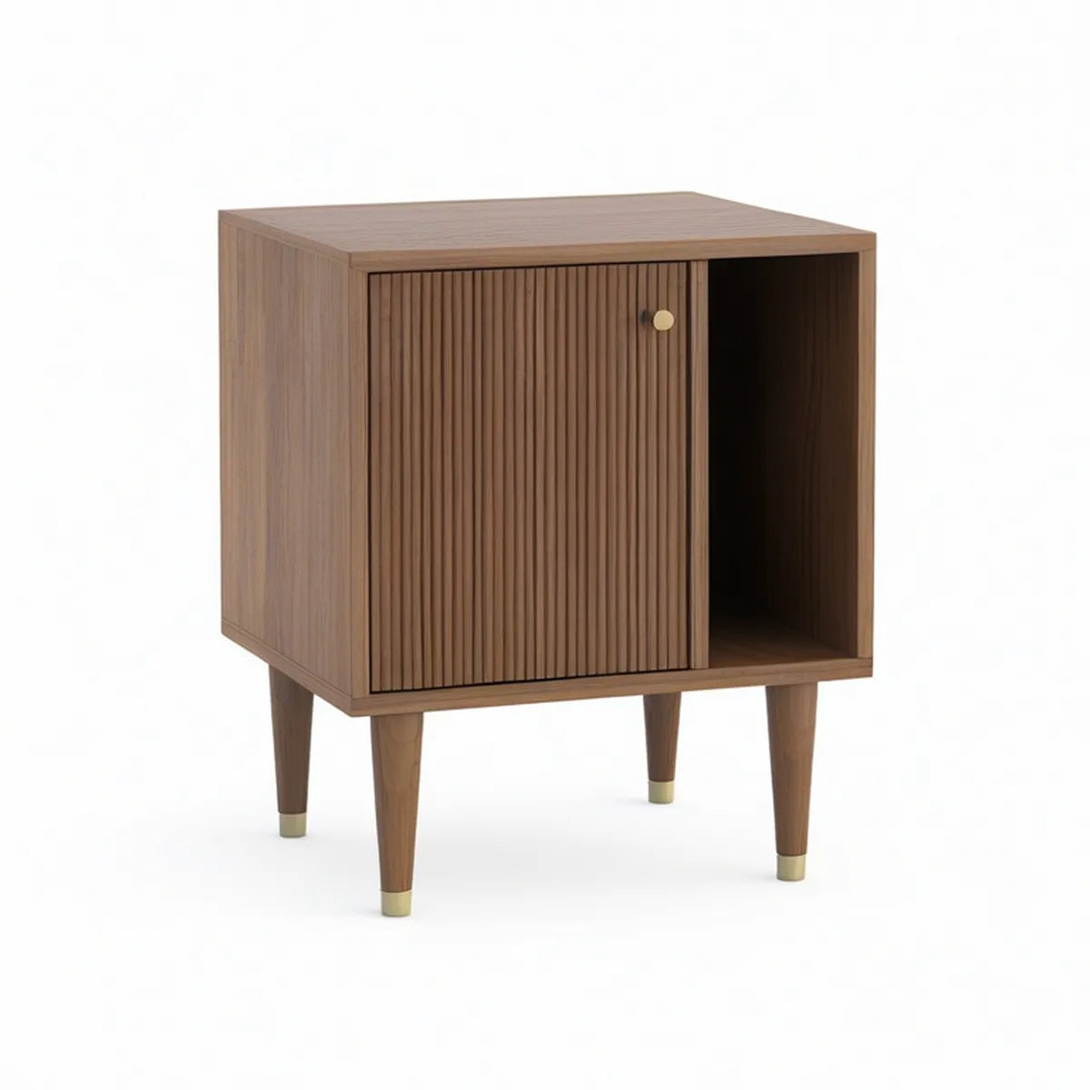 Walnut Brown Nightstand with Tambour Door, Open Shelf and Brass Accents, 18 in W x 15 in D x 26 in H