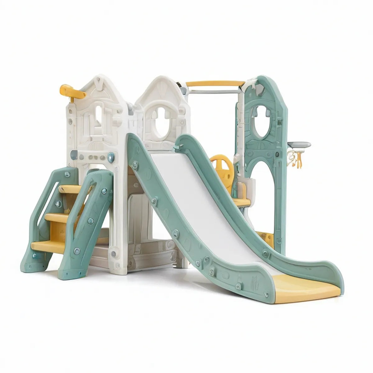 Kids Outdoor Playset with Slide, Climbing Stairs, Basketball Hoop and Steering Wheel, 190 x 160 x 135 cm, Green/White/Yellow